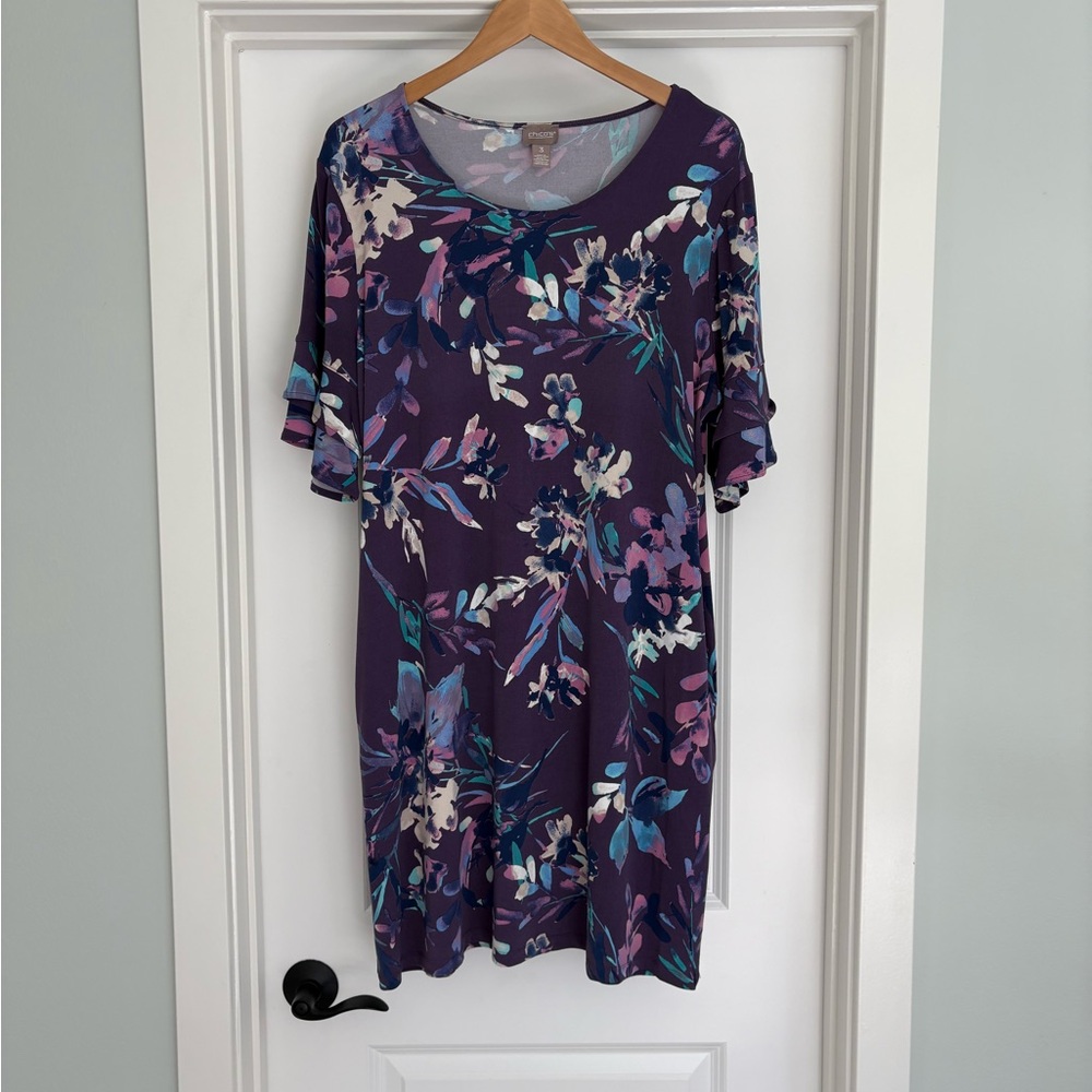 Chico’s Floral Ruffle Sleeve Shift Dress 3/XL